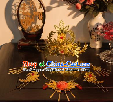 Traditional Chinese Cosplay Princess Golden Hairpins Ancient Bride Phoenix Coronet Hair Accessories for Women