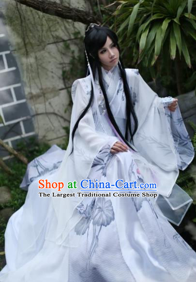 Traditional Chinese Cosplay Swordsman White Clothing Ancient Prince Nobility Childe Costume for Men