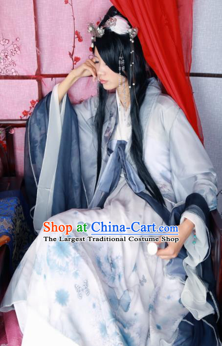 Traditional Chinese Cosplay Female Knight Swordsman Grey Dress Ancient Princess Costume for Women