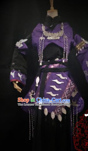 Chinese Cosplay Tang Dynasty Female Swordsman Purple Short Dress Ancient Princess Peri Costume for Women