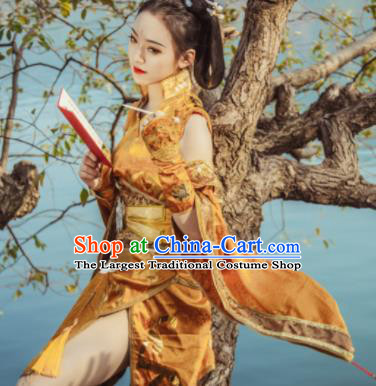 Chinese Cosplay Tang Dynasty Female Swordsman Golden Embroidered Dress Ancient Princess Peri Costume for Women