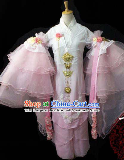 Chinese Cosplay Fairy Princess Pink Chiffon Dress Ancient Female Swordsman Knight Costume for Women