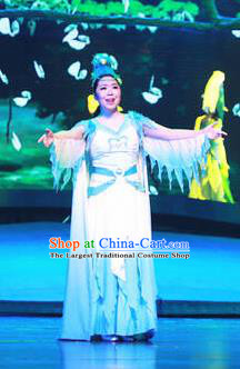 Chinese Drama Dragon Boat Festival Classical Dance Blue Dress Stage Performance Costume and Headpiece for Women