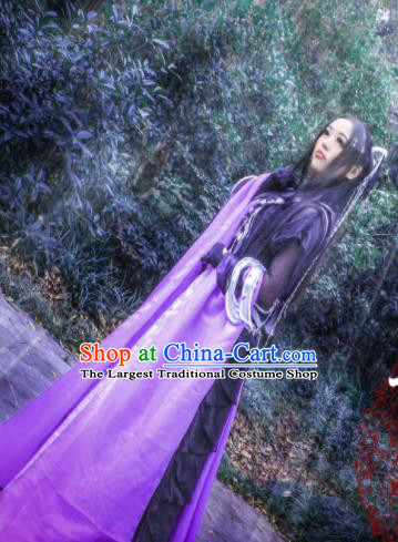 Chinese Cosplay Princess Deep Purple Dress Ancient Female Swordsman Knight Costume for Women