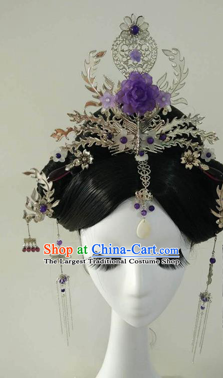 Traditional Chinese Classical Hairpins Purple Peony Phoenix Hair Crown Ancient Princess Hanfu Hair Accessories for Women