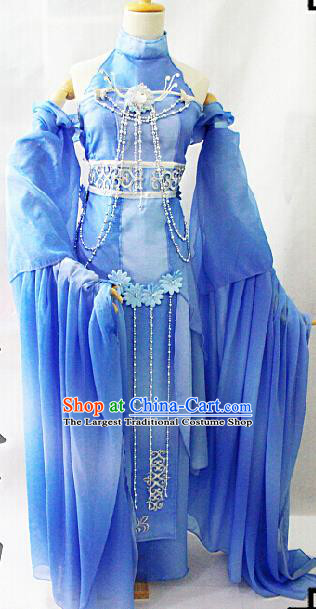 Chinese Cosplay Goddess Fairy Blue Dress Ancient Female Swordsman Knight Costume for Women