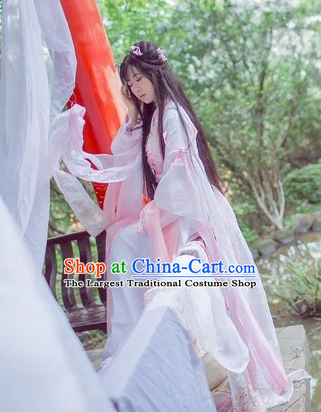 Chinese Cosplay Goddess Princess Light Pink Dress Ancient Female Swordsman Knight Costume for Women