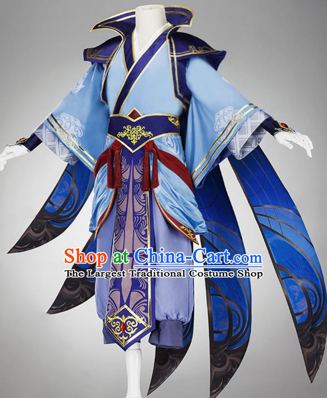 Traditional Chinese Cosplay Taoist Priest Blue Clothing Ancient Swordsman Costume for Men