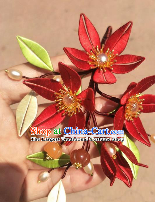 Traditional Chinese Hanfu Palace Red Flowers Hairpins Ancient Princess Hair Accessories for Women