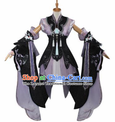 Traditional Chinese Cosplay Swordswoman Purple Short Dress Ancient Fairy Princess Costume for Women