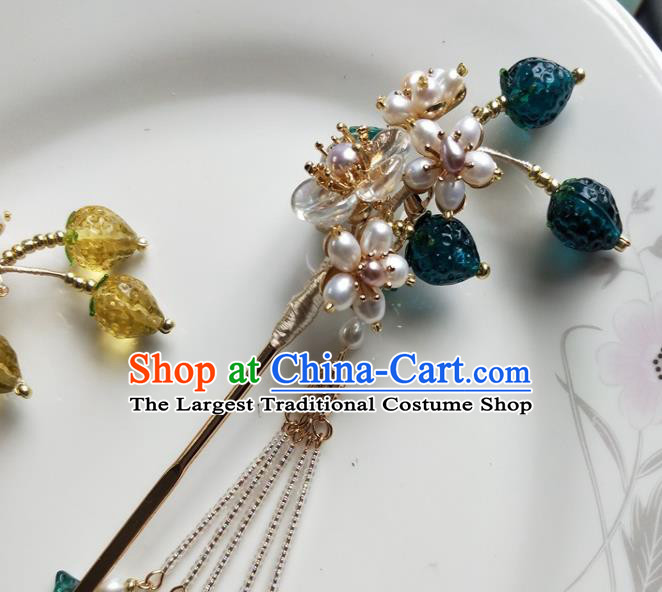 Traditional Chinese Hanfu Green Strawberry Pearls Hairpins Ancient Princess Hair Accessories for Women