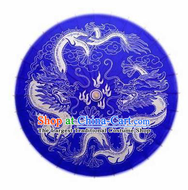 Chinese Handmade Royalblue Oil Paper Umbrella Traditional Dragon Pattern Umbrellas