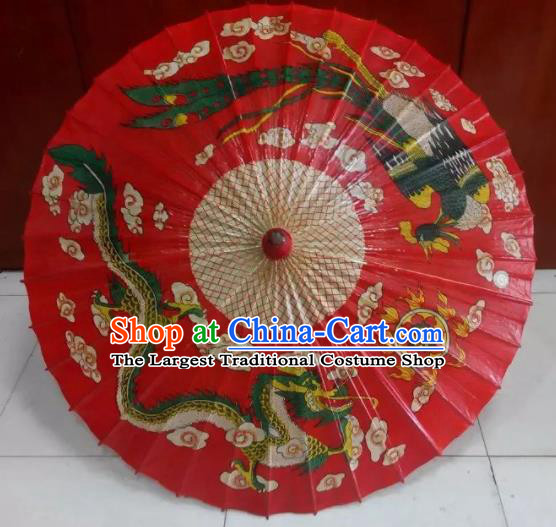 Chinese Handmade Printing Dragon Phoenix Red Oil Paper Umbrella Traditional Decoration Umbrellas