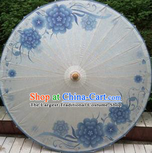 Chinese Classical Dance Handmade Printing Blue Flowers Paper Umbrella Traditional Decoration Umbrellas