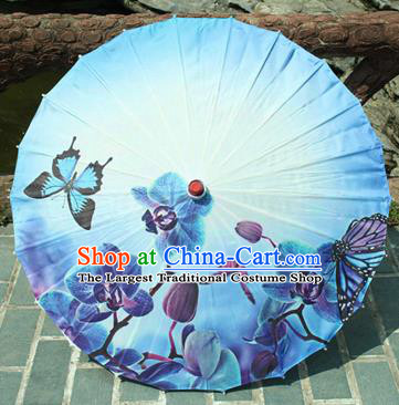 Handmade Chinese Classical Dance Printing Butterfly Blue Paper Umbrella Traditional Cosplay Decoration Umbrellas