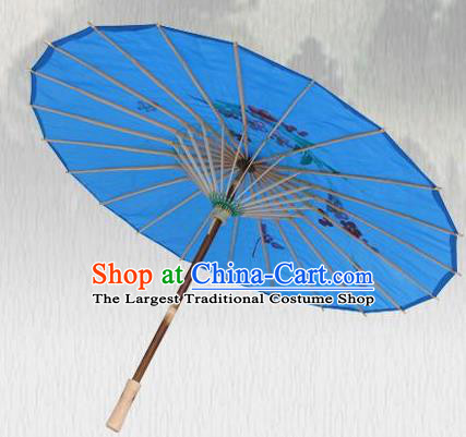 Handmade Chinese Printing Flowers Butterfly Royalblue Silk Umbrella Traditional Classical Dance Decoration Umbrellas