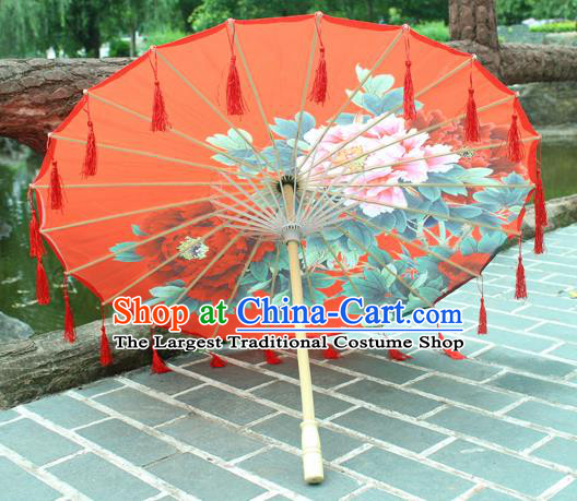 Handmade Chinese Printing Peony Red Tassel Silk Umbrella Traditional Classical Dance Decoration Umbrellas