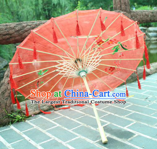 Handmade Chinese Printing Red Tassel Silk Umbrella Traditional Classical Dance Decoration Umbrellas