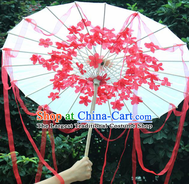 Handmade Chinese Red Flowers Ribbon Silk Umbrella Traditional Classical Dance Decoration Umbrellas