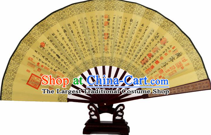 Chinese Handmade Painting Calligraphy Lan Ting Preface Yellow Fans Accordion Fan Traditional Decoration Folding Fan