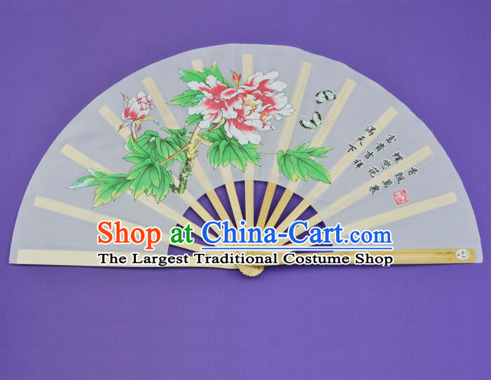 Chinese Handmade Printing Peony White Kung Fu Fans Accordion Fan Traditional Decoration Folding Fan