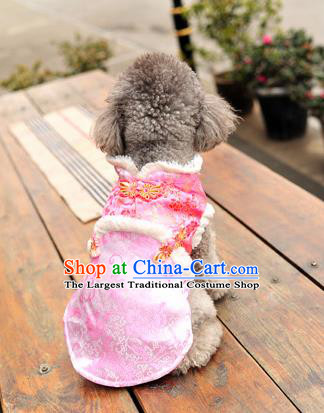 Traditional Asian Chinese Pets Clothing Dog Winter Pink Brocade Costumes for New Year