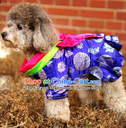 Traditional Asian Chinese Pets Clothing Dog Winter Royalblue Brocade Dress Costumes for New Year