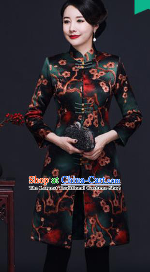 Traditional Chinese Green Silk Cheongsam Coat Mother Tang Suit Stand Collar Overcoat for Women