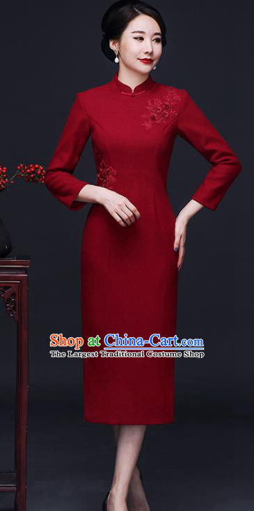 Traditional Chinese Embroidered Red Woolen Cheongsam Mother Tang Suit Qipao Dress for Women