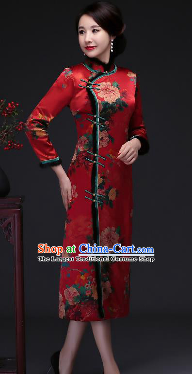 Traditional Chinese Red Silk Winter Cheongsam Mother Tang Suit Qipao Dress for Women