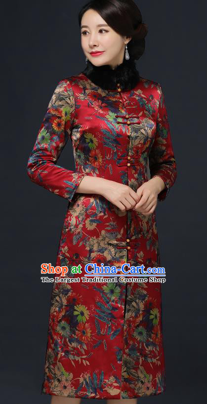 Traditional Chinese Printing Red Silk Winter Cheongsam Mother Tang Suit Qipao Dress for Women