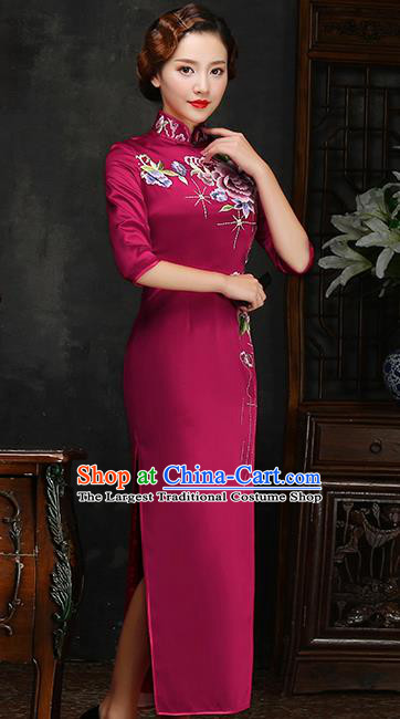 Traditional Chinese Embroidered Peony Wine Red Silk Cheongsam Mother Tang Suit Qipao Dress for Women