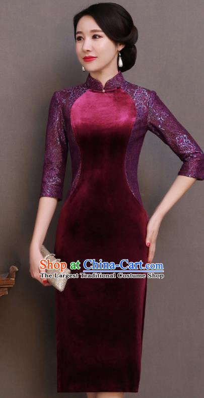 Traditional Chinese Wine Red Velvet Cheongsam Mother Tang Suit Qipao Dress for Women