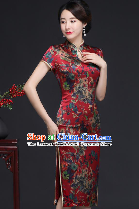 Traditional Chinese Printing Daisy Red Silk Cheongsam Mother Tang Suit Qipao Dress for Women