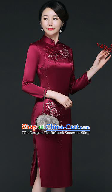 Traditional Chinese Embroidered Roses Wine Red Silk Cheongsam Mother Tang Suit Qipao Dress for Women