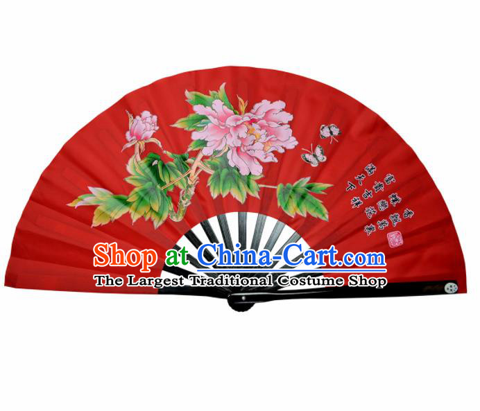 Chinese Handmade Martial Arts Printing Peony Red Fans Accordion Fan Traditional Kung Fu Folding Fan