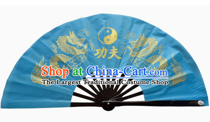 Chinese Handmade Martial Arts Printing Dragons Blue Fans Accordion Fan Traditional Kung Fu Folding Fan