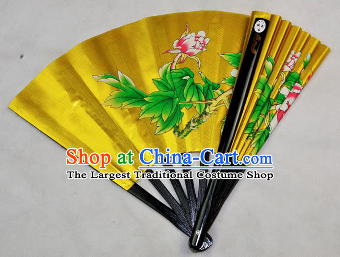 Chinese Handmade Martial Arts Printing Peony Golden Silk Fans Accordion Fan Traditional Kung Fu Folding Fan