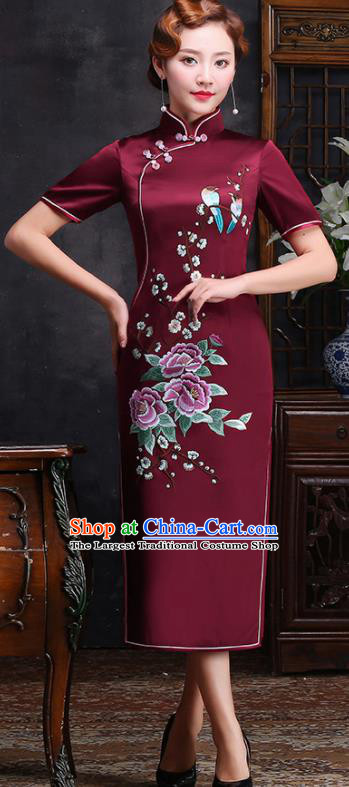 Traditional Chinese Embroidered Peony Plum Purplish Red Silk Cheongsam Mother Tang Suit Qipao Dress for Women