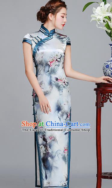 Traditional Chinese Printing Lotus Light Blue Silk Cheongsam Mother Tang Suit Qipao Dress for Women