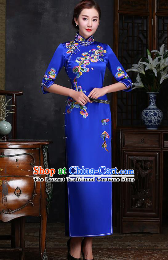 Traditional Chinese Embroidered Clouds Royalblue Silk Cheongsam Mother Tang Suit Qipao Dress for Women