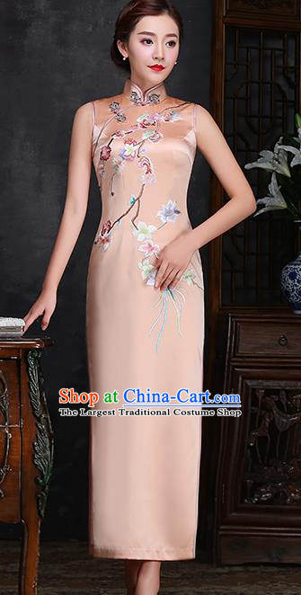 Traditional Chinese Embroidered Plum Champagne Silk Cheongsam Mother Tang Suit Qipao Dress for Women