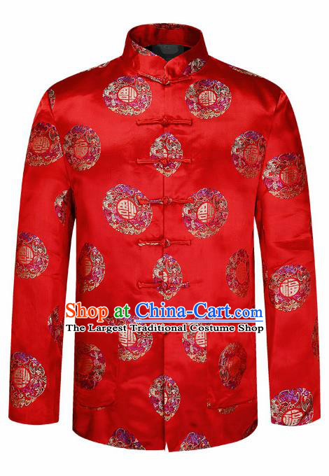 Traditional Chinese Red Brocade Cotton Padded Coat New Year Tang Suit Stand Collar Overcoat for Old Men