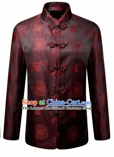 Traditional Chinese Brown Brocade Cotton Padded Coat New Year Tang Suit Stand Collar Overcoat for Old Men