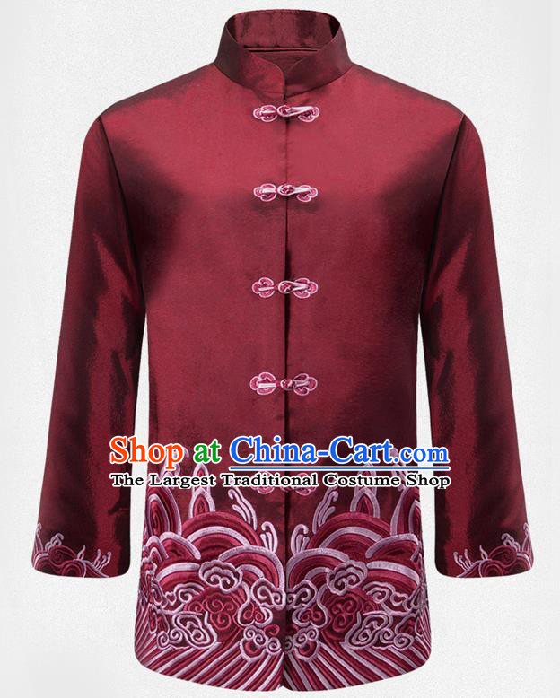 Traditional Chinese Embroidered Waves Purplish Red Brocade Cotton Padded Coat New Year Tang Suit Stand Collar Overcoat for Old Men