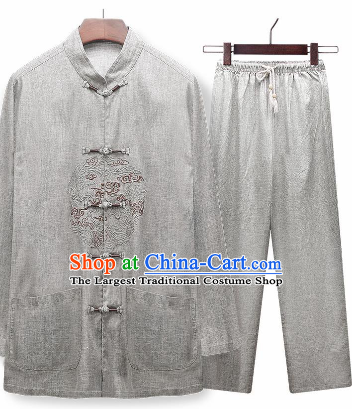 Traditional Chinese Tang Suit Embroidered Light Grey Silk Outfits Tai Chi Training Costumes for Old Men