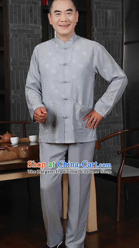 Traditional Chinese Tang Suit Grey Silk Outfits Tai Chi Training Costumes for Old Men