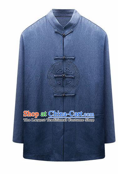 Traditional Chinese Blue Woolen Jacket New Year Tang Suit Overcoat for Old Men