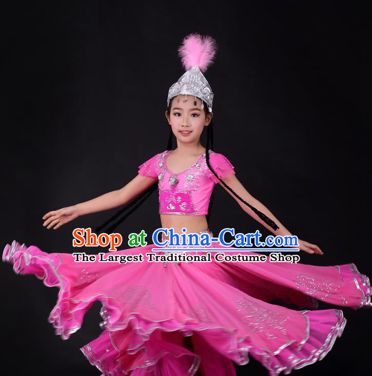 Traditional Chinese Child Xinjiang Uyghur Minority Rosy Dress Ethnic Folk Dance Costume for Kids