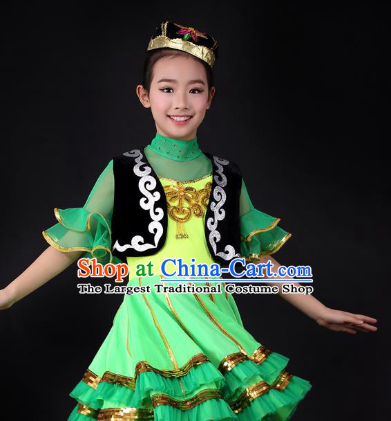 Traditional Chinese Child Xinjiang Uyghur Nationality Green Dress Ethnic Minority Folk Dance Costume for Kids